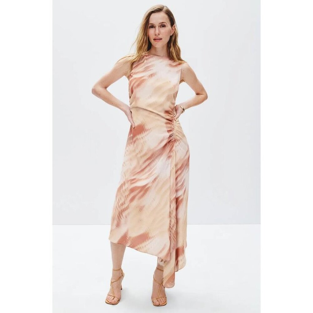LUXELY Women's Ruched Asymmetrical Midi Dress Size 6